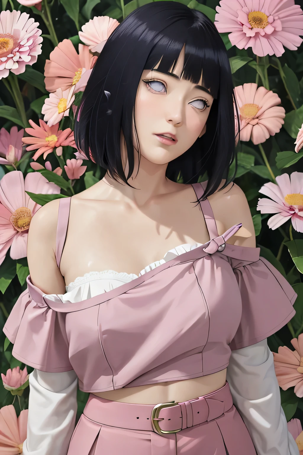 masterpiece, absurdres, hinata\(boruto\), 1girl, solo,mature female, off-shoulder strap bra, high waist short skirt, looking at viewer, (falling petals), perfect composition, detailed lips, big breast, beautiful face, body propotion, blush, (pink lips), long hair, purple eyes, soft gaze, super realistic, detailed, photoshoot, realistic face and body,
