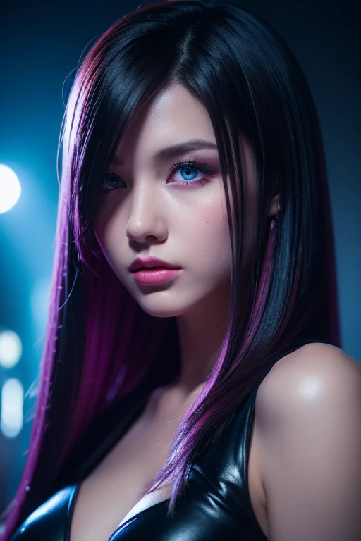 One female , bright purple eyes , "pupils glowing purple" , "two color hair, black hair , blonde highlights" , very_long_hair , large_breasts , perfect figure , playboy_bunny , detailed face , masterpiece , best quality , ultra detailed , (detailed background) , perfect shading , high contrast , best illumination , extremely detailed , ray tracing , realistic lighting effects , neon noir illustration , perfect hands:1.1