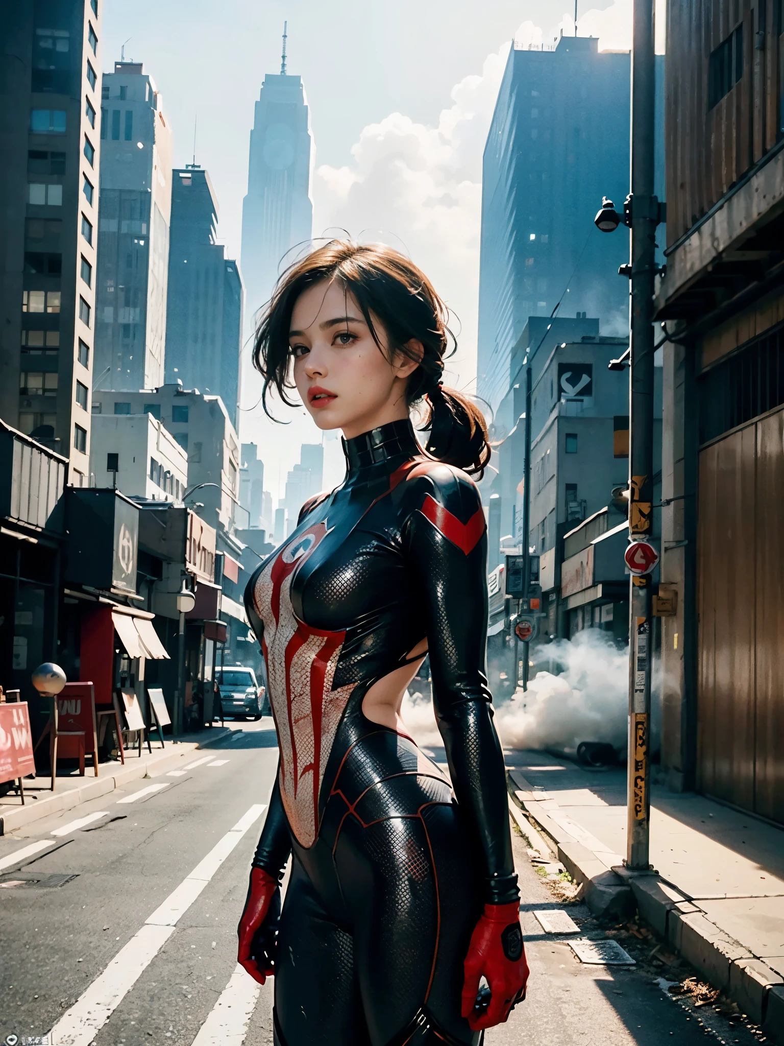 (1girl:1.3), solo, __body-parts__, official art, unified 8k wallpaper, super detailed, beautiful and aesthetic, beautiful, masterpiece, best quality, raw, masterpiece, super fine photo, best quality, super high resolution, photorealistic realism, sunlight, full body portrait, amazing beauty,, dynamic pose, delicate face, vibrant eyes, (from the front), she is wearing a Spider-man suit, red and black color scheme, spider, very detailed abandoned warehouse background, Detailed face, detailed complex busy background, messy, gorgeous, milky white, highly detailed skin, realistic skin details, visible pores, sharp focus, volumetric fog, 8k uhd, DSLR, high quality, film grain, fair skin, photo realism, lomography, huge metropolis in future dystopia, seen from below, translucent