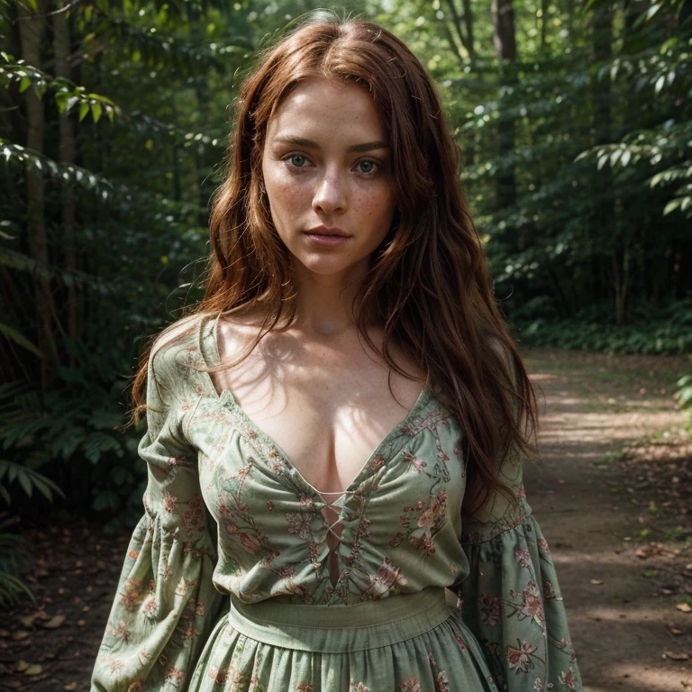 Picture prompt: Please provide me with a picture of an exceptionally unique 35-year-old woman, with auburn hair and emerald green eyes, a contemplative expression, defined jawline, full lips, freckles, slight blush (0.3), and goosebumps (0.5). She is wearing a bohemian dress, adorned with intricate floral patterns, long sleeves, and a flowing skirt. The scene is set in a lush, forested area, with warm, natural light filtering through the trees, creating a magical atmosphere. The depth of field is moderate, emphasizing her face and the intricacy of her attire. This is an eth