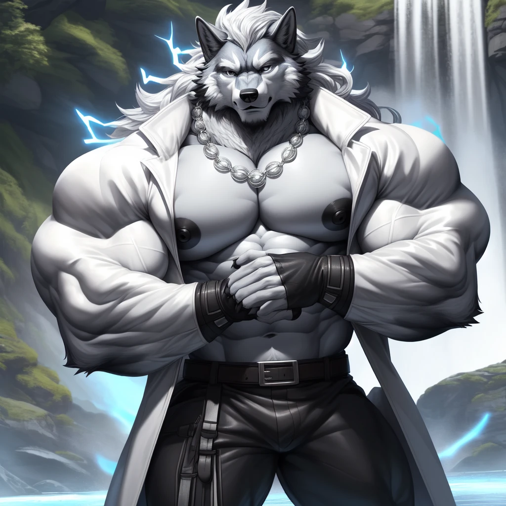 (upload on e621) (Masterpiece) (by Drks) (best quality) (ultra high res) 4K (8k HD) 2D (perfect anatomy) (digital art) (official art) (extreme detailed) (ultra detailed) (strapsanime) color (soft shading) (sharp focus) (waterfall background) 1man silver body fur silver belly detailed fluffy fur (ultra detailed face) high detailed eyes detailed iris eyes high detailed silver eyes (white sclera) black pupils big navel abs bare pectoral (((huge black shiny nipples))) black claw nails furry wolf male mature male silver giant bulky muscular body fur giant size canid (((huge muscles))) (((hyper muscles))) huge pecs (((oversize pecs))) huge biceps (((giant biceps))) (((fullbody))) canine canis mammal powerful wolf god wolf male calm cool collected demeanor face badass wolf anthro solo standing (((wearing silver full complete sleeveless long trench coat jacket))) (((silver longest beautiful mane length hair))) (((silver longest beautiful length back fur hair))) (((silver longest length hair fur front lay on pecs))) (((best longest silver flowy hair))) silver chest tuft (((perfect fingers))) (((five fingers))) silver hands and fingers (((wearing silver fingerless gloves))) (((silver arm bands on his biceps))) (((three silver arm bands on his forearms))) (((dark black huge bead necklaces))) (((dark black huge longer bead necklaces around neck to pecs))) (((silver long wolf tail))) (((silver long pants with silver lines with belt straps on both legs))) (((silver electricity and surging aura flow entire body))) (((silver blue glowing aura his entire body))) (((crossed arm pose)))