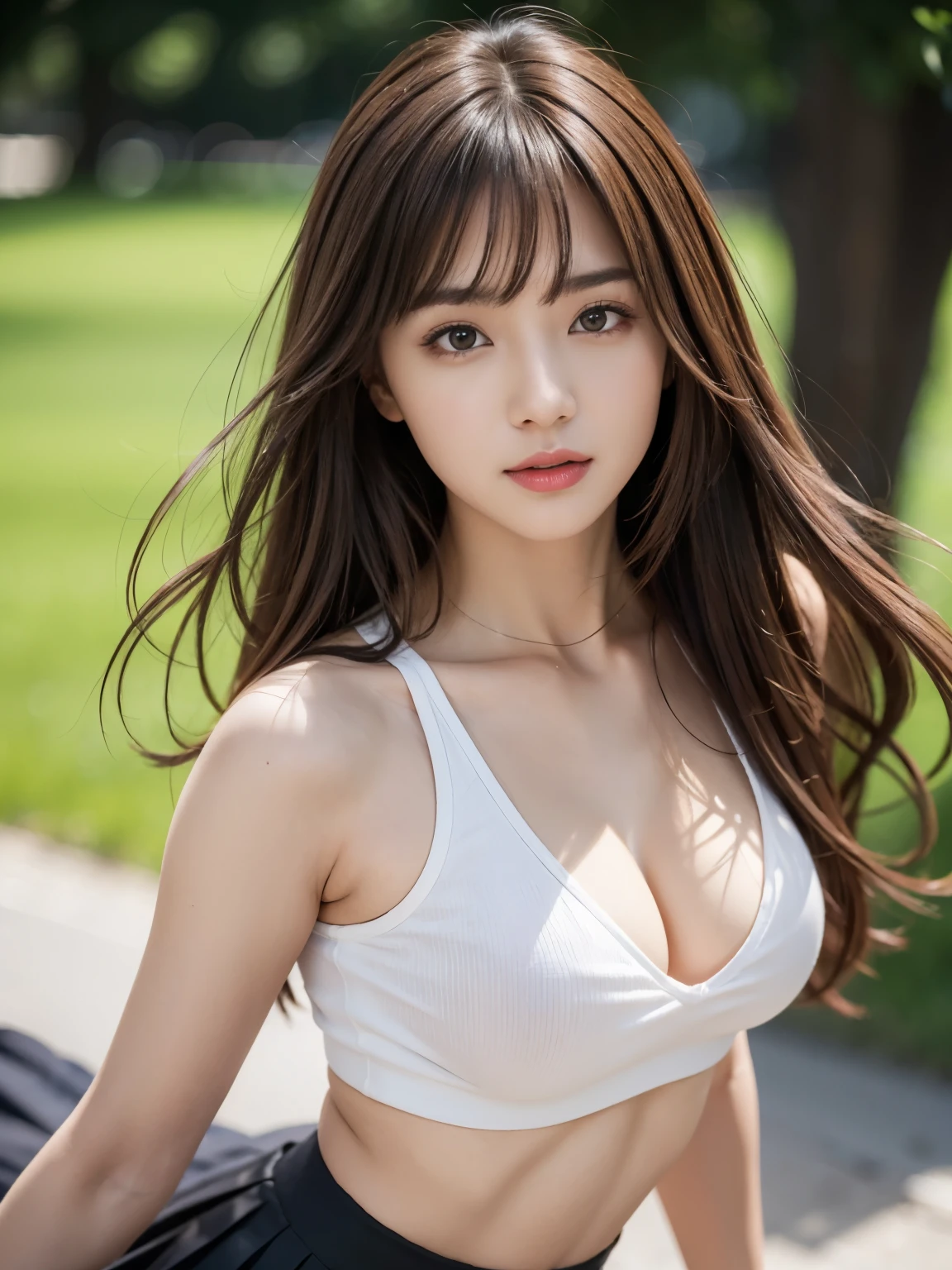 masterpiece, best quality, ultra-detailed, intricately detailed hyperdetailed, realistic, sharp features, highly detailed, sharp focus, perfect face, perfect face, perfect symmetrically perfect eyes, perfect full lips, flexible female form, cinematic, film light, hyper detailed, hyper realistic, high resolution, light brown hair, asymmetrical hair, asymmetrical bangs, messy hair, attractive pose, skinny gravure idol, gravure idol, pleated skirt, close up, (wearing clothes:1.3), (bright background:1.2), natural lighting, black leggings, lifting skirt, dynamic pose,