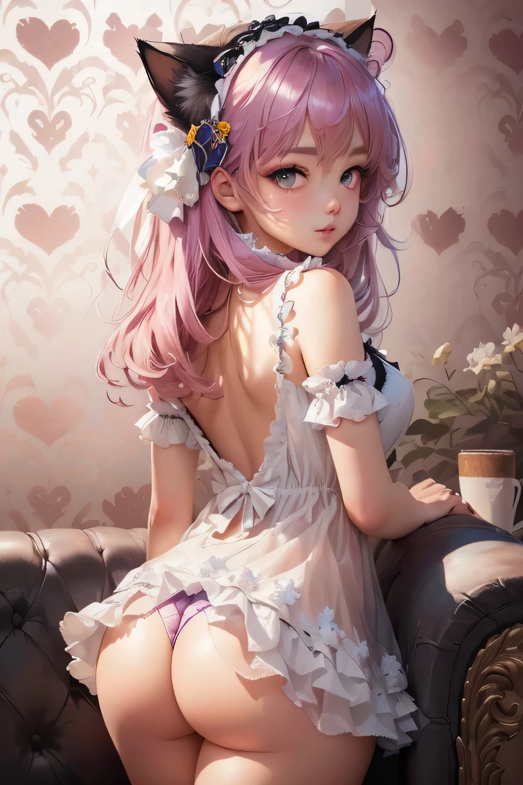 A person sits on the sofa，Close-up of cat ears, ta in a skirt, Cute anime girl in a beautiful skirt, Attractive anime girl, guweiz, Guweiz on Pixiv ArtStation, Highest rated on pixiv, , Clean and detailed anime art, Detailed anime artwork, Guweiz on Artstation Pixiv,beautiful eyes,8k,High quality wallpaper,