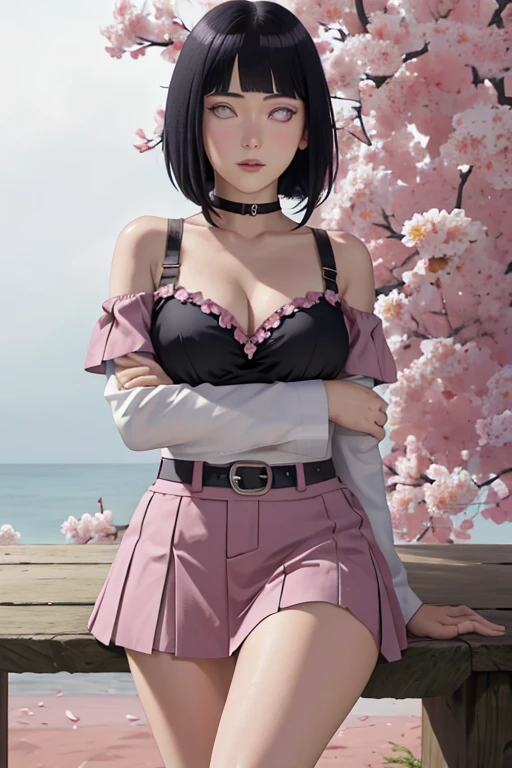 masterpiece, absurdres, hinata\(boruto\), 1girl, solo,mature female, off-shoulder strap bra, high waist short skirt, looking at viewer, (falling petals), perfect composition, detailed lips, big breast, beautiful face, body propotion, blush, (pink lips), long hair,  purple eyes,  soft gaze,  super realistic, detailed, photoshoot, realistic face and body,