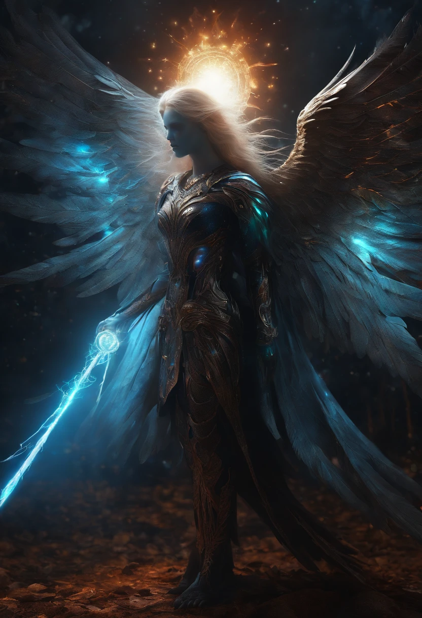 Cosmic Fallen Angel, glowing light eyes, Biomechanical, eerie, Creepy, nightmarish, Very bright colors, Light particles, with light glowing, Mshiff, wallpaper art, UHD wallpaper