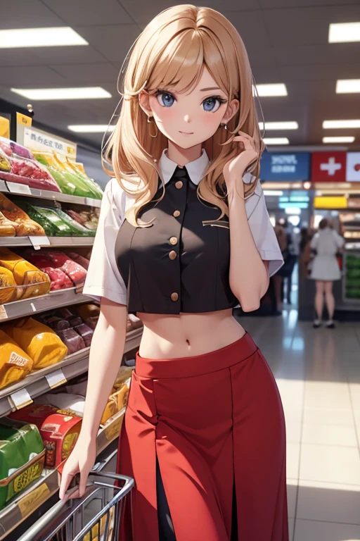 Cashier girl, crop top cashier uniform, showing navel, supermarket, behind the cashier, exposed abdomen area, bellybutton, long skirt, 33 years-olds