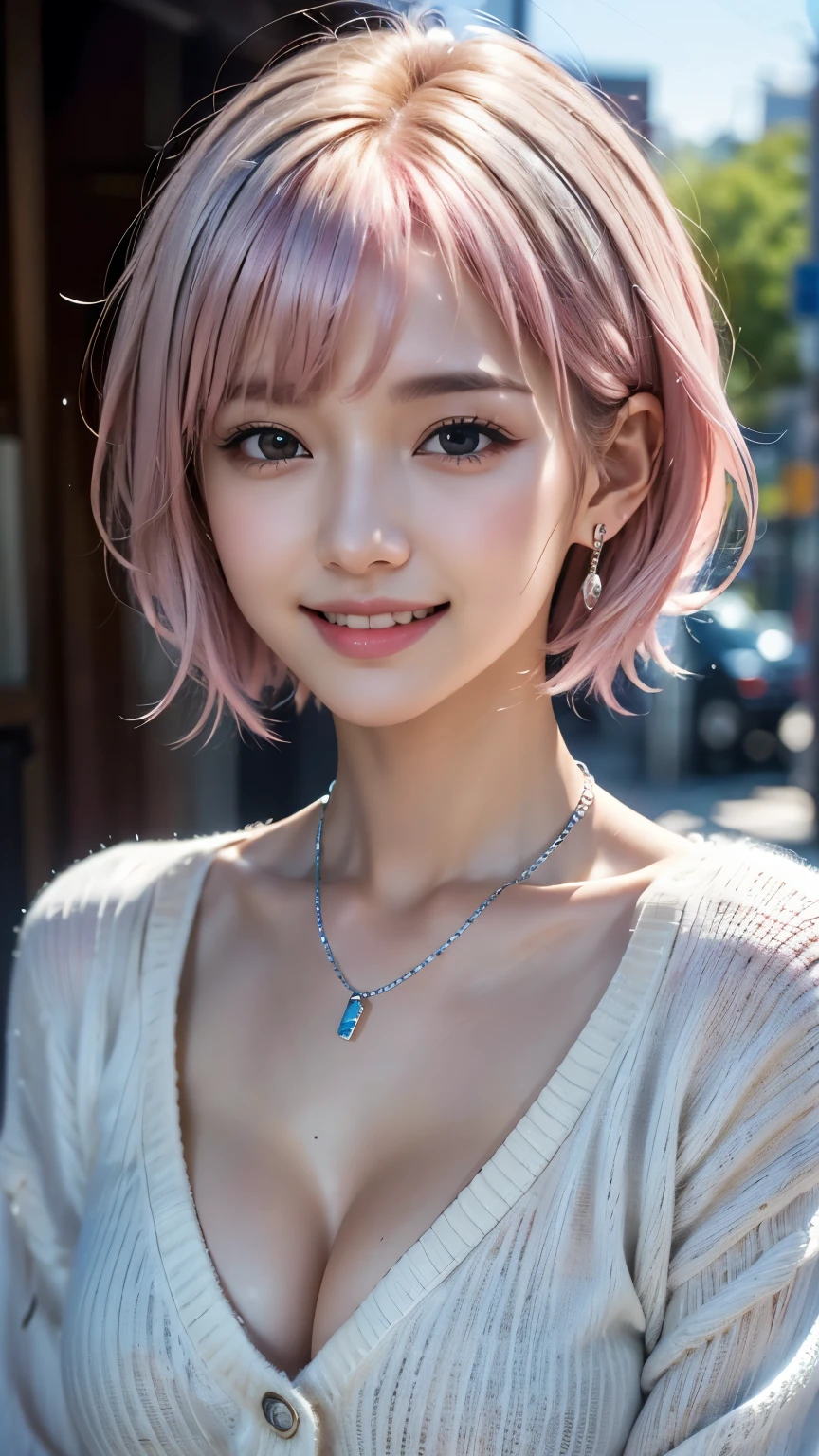 (8k, highest quality, masterpiece:1,2), (Realistic, Photorealistic:1.37), Super Detail, One Girl,), (Very detailedな), (Beautiful and detailed eyes), (highest quality), (Very detailed ), (masterpiece), (Detailed face),20-year-old, ,1 girl, ((Pink Hair,Very short hair)), Dressed, Perfect lighting,  (White sweater:1.2),  (Silver earrings:1.1), (Silver Necklace:1.1) Cut the left bangs, Pin on right ear, smile, Teeth are visible, Eyes staring at the camera, put one&#39;s right hand in one&#39;s coat pocket, Place your left hand on your hip, Put your right foot forward, The left leg is bent, Urban background, Dark colors, Contrast, Evening Light, Light from the left, Right Shadow, Coat and tights texture,head shot
