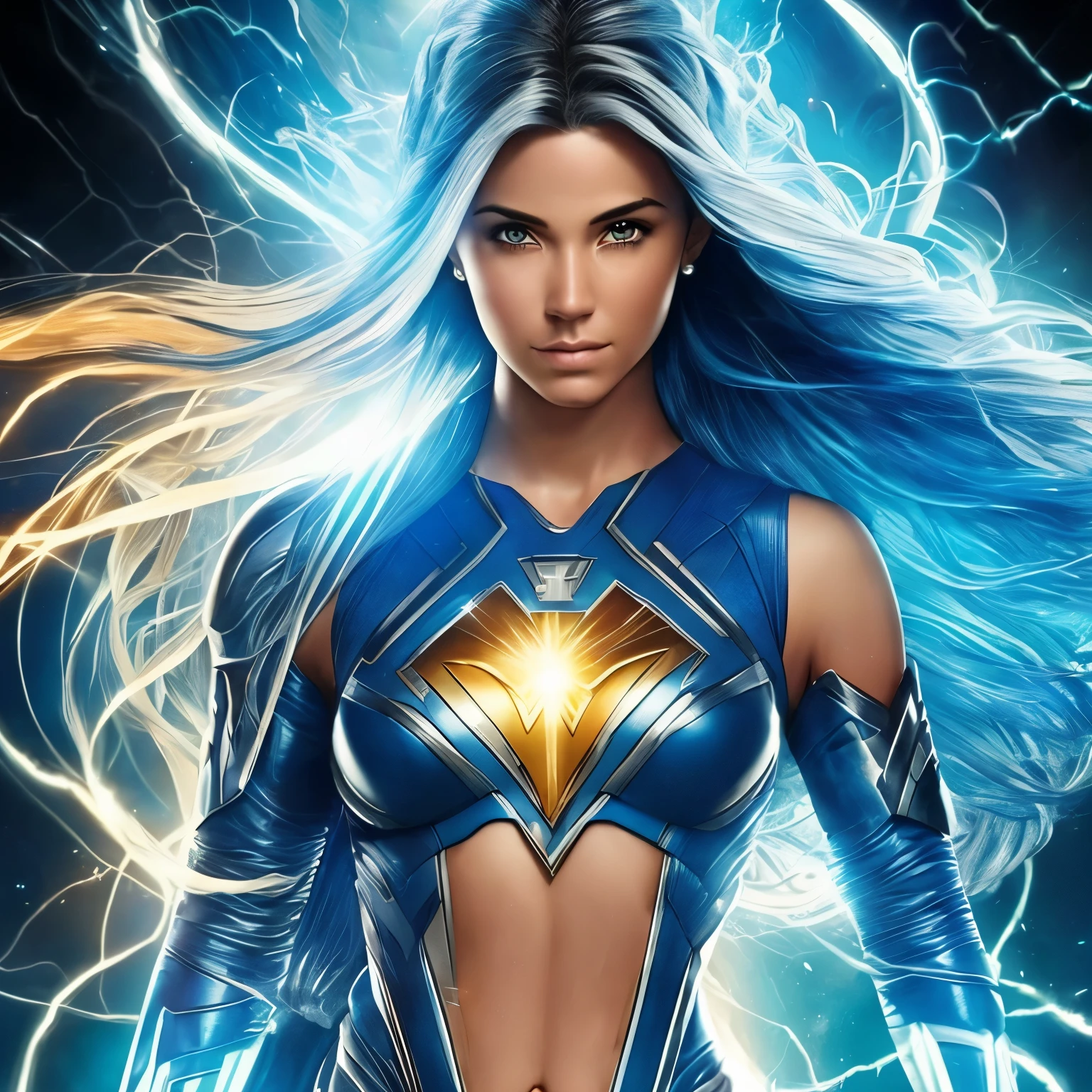 (melhor qualidade,Altas,master piece:1.2),ultra-detalhado,realistic, Physically based rendering,(Retratos,artistas conceituais), A superhero ( mulher) com tema de (chemical element xenon), mystical being of blue light, cabelo branco, olhos azuis