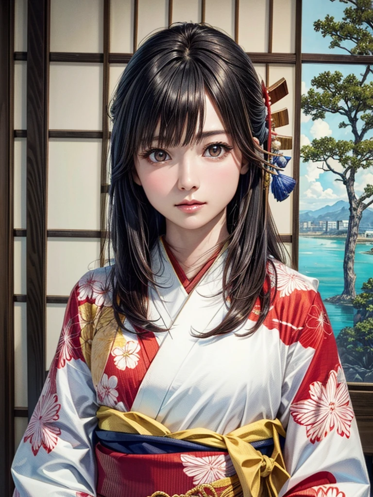(highest quality、8K、32k、masterpiece)、(masterpiece,newest,exceptional:1.2), anime,1girl,bangs,black_hair, beautiful 8k eyes,cloud,day,dress,looking_at_viewer,outdoors,red_neckwear,red_ribbon,ribbon,river,short_hair,short_sleeves,sky,skyscraper,solo,standing,town,water、((Very beautiful woman, Fuller lips, Japanese pattern kimono))、((Colorful Japanese kimono)))、(((Medium Shot)))、Blunt bangs、(High resolution)、、very beautiful face and eyes、1 girl 、round and small face、thin waist、delicate body、(highest quality high detail Rich skin details)、(highest quality、8K、oil paint:1.2)、Super detailed、(realistic、realistic:1.37)、bright colors、(((Black Hair)))、(((Long Hair)))、(((Cowboy photos)))、((( Inside an old Japanese house)))、(masterpiece, top quality, best quality, official art, beautiful and aesthetic:1.2), (1girl), extreme detailed,(fractal art:1.3),colorful,highest detailed,Sengoku period(High resolution)、Very beautiful face and eyes、1 girl 、Round and small face、Narrow waist、Delicate body、(highest quality high detail Rich skin details)、(highest quality、8k、Oil paint:1.2)、(Realistic、Realistic:1.37)、