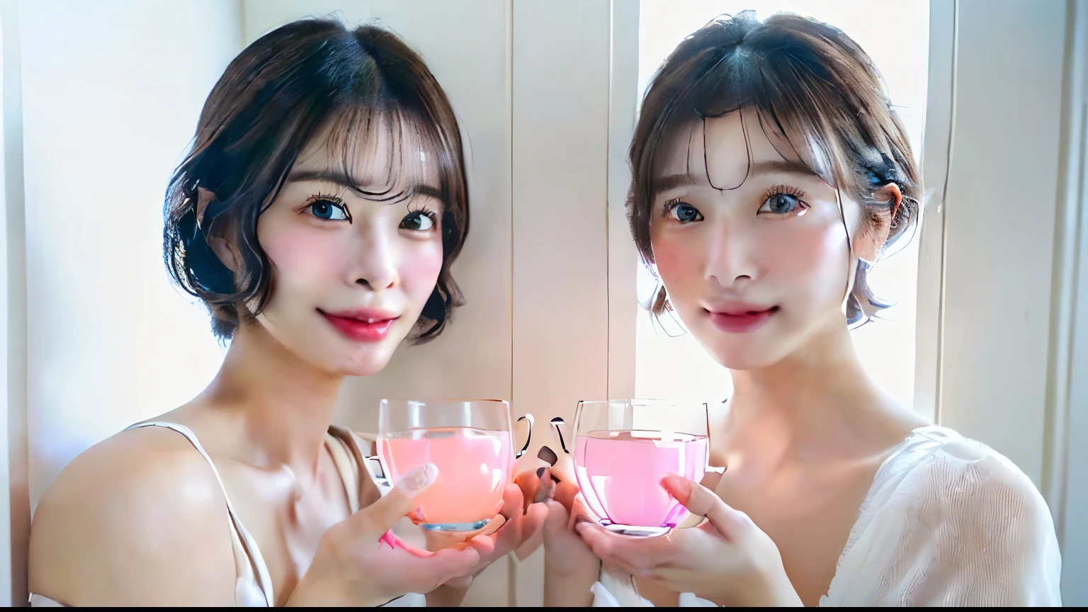 ((Glass teacup filled with teaを持つ2 girls、White wall、In front of a white door、Cute Japanese Girl、Beautiful Japanese Girl、2 girls、clear、29-year-old、Shortcuts、short hair、Highly detailed faceと肌の質感、Sophistication、Highly detailed face、 Beautiful eyes in every detail,、blusher、blush、cheek、ピンクのcheekを塗ったcheek、body shot、Breast augmentation、Front facing face、Frontal body、Looking at the camera、Smooth white skin、Transparent to the touch、))、(Dark brown hair、bangs)、Japanese Model、((highest quality、8k、masterpiece:1.3、１photograph))、(4K、生photograph、highest quality)、(Realistic、フォトRealistic:1.37)、Put someone on the other side of the screen、Natural light、Upper body and head、Glass teacup filled with tea