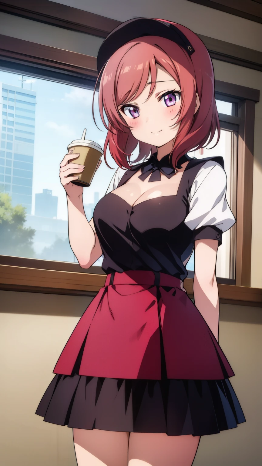 (masterpiece)1 girl, maki nishikino、Maid clothes、Waitress Uniform、highest quality, Expressive eyes, Perfect Face, Most of the upper body, smile, blush, indoor,coffee shop、Many people々々々、Day, Simple Background, lie, looking for , Bright sky, looking for at viewer, stage, Moody lighting、Very large breasts、Cleavage、Standing position、whole body、High Waist Mini Skirt、