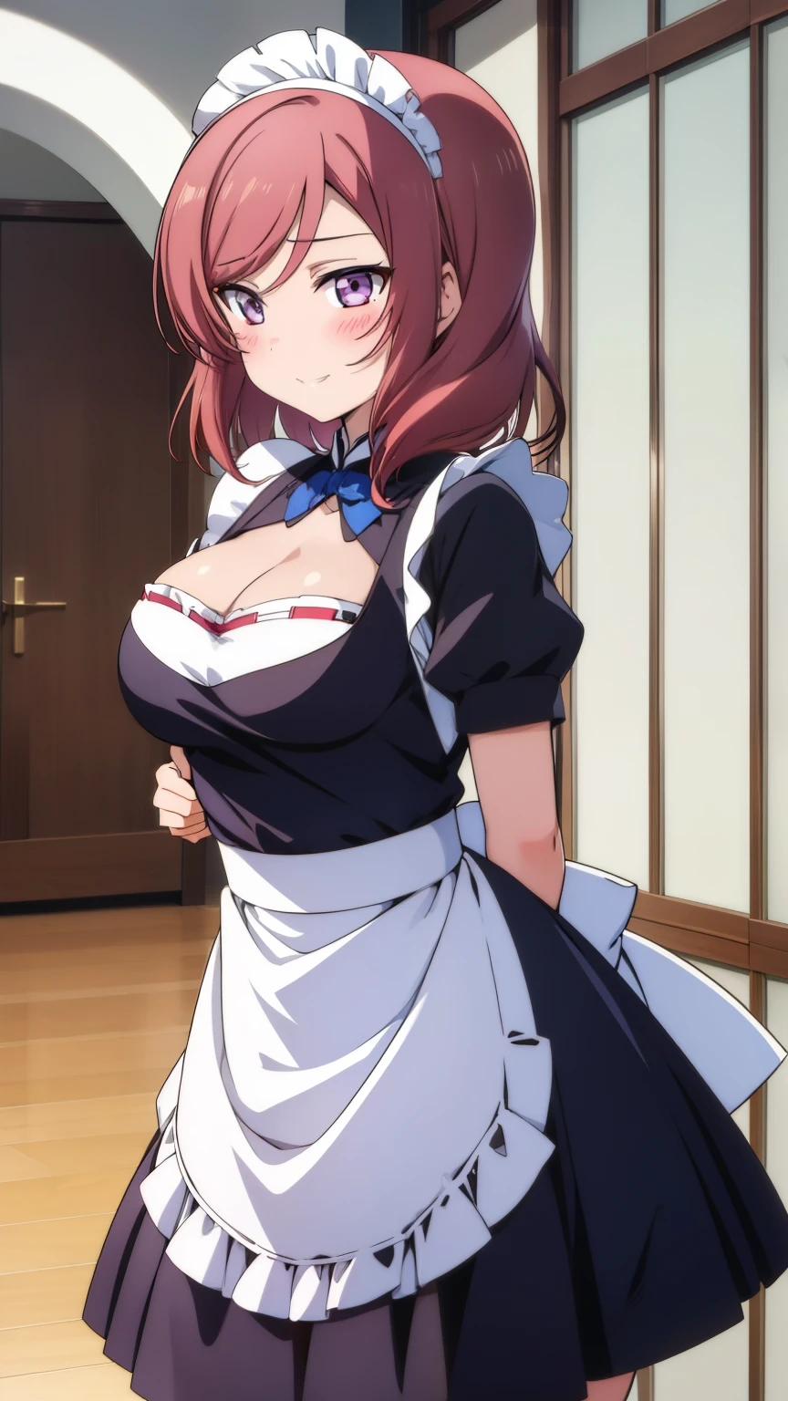 (masterpiece)1 girl, maki nishikino、Maid clothes、Waitress Uniform、highest quality, Expressive eyes, Perfect Face, Most of the upper body, smile, blush, indoor,coffee shop、Many people々々々、Day, Simple Background, lie, looking for , Bright sky, looking for at viewer, stage, Moody lighting、Very large breasts、Cleavage、Standing position、whole body、High Waist Mini Skirt、