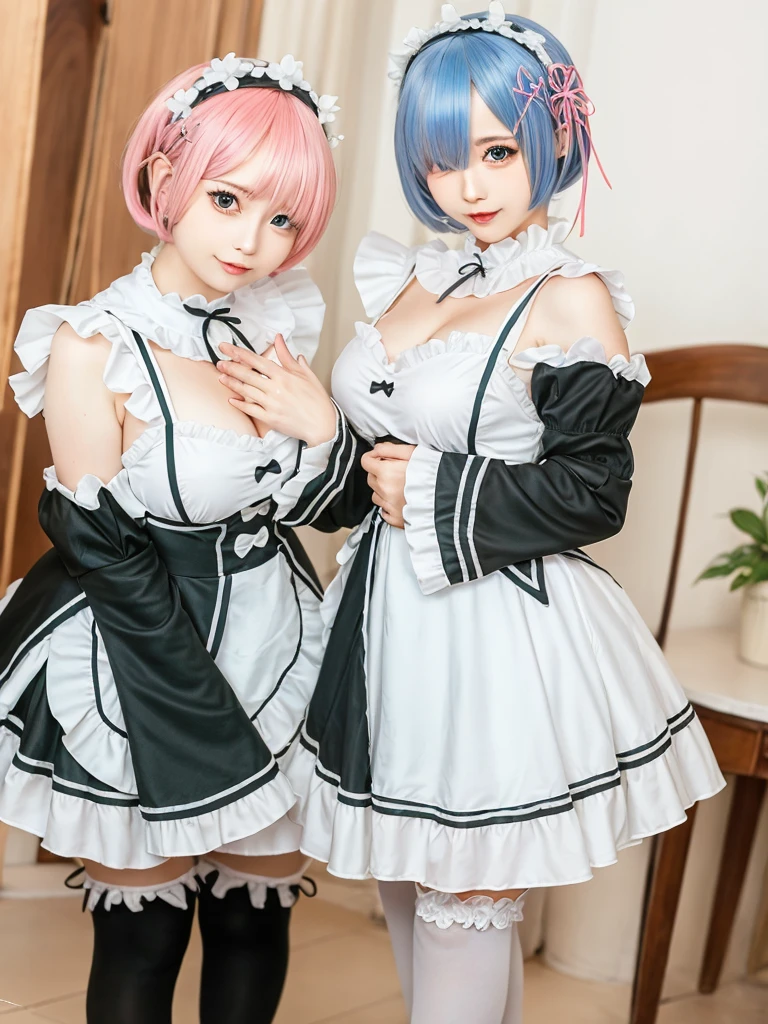 Accurate depiction with high resolution,(8K, Photorealistic, Raw photo, of the highest quality: 1.3), (1girl in), Super beautiful, (Realistic face), (boyish, pink Color Berry Shorthair), Beautiful , Glare that captivates the viewer, Beautiful expression, Beautiful breasts, (Realistic skin), Be...Create a detailed and colorful image of Ram and Rem from Re:Zero, standing back-to-back in their maid outfits, with a magical fantasy background、14years old, two girls,cute, perfect face, beautiful, nice body, gothic lolita clothes, gothic lolita fashion, frilly skirt, headdress, necklace, bracelet, knee-high socks, boots, double eyelids, tear bags, Detailed down to the fingers, photo-like description, indoors, dim indoor lighting, one girl is pink hair and short bob, another girl is light blue hair and short bob,standing,whole body, composition that shows the whole body, smiling,The Both of them are wearing the same type of maid outfit,Optimal ratio of 4 fingers and 1 thumb