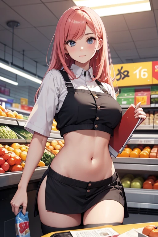 Cashier girl, crop top supermarket uniform, showing navel, supermarket, behind the cashier, exposed abdomen area, bellybutton, 33 years-olds