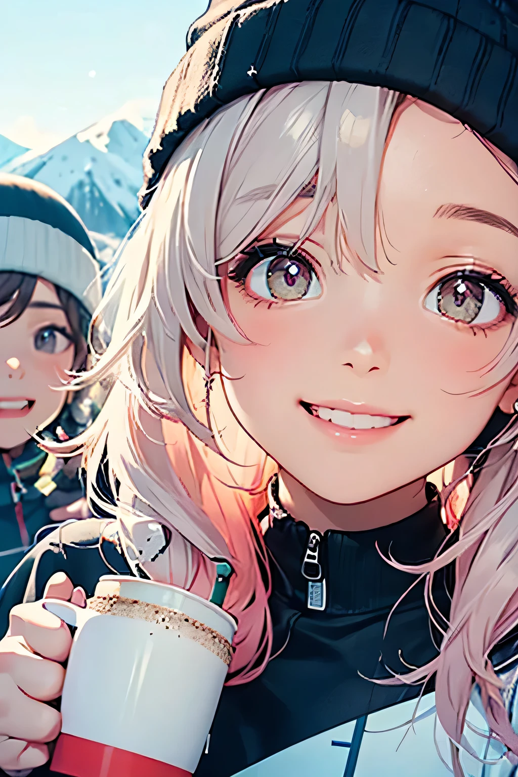 highest quality、High resolution、Detailed Background、(Beautiful face in every detail:1.4)、Anatomically correct、(Draw the usual number of fingers:1.2)、(Detailed facial expressions)、(Detailed eyes:1.2)、(Detailed eyes:1.2)、Beautiful, smooth skin、age beauty、(Highly detailed face:1.4)、Cute color hair color、ponytail、Bobcut、Braided long hair、Wavy Hairstyle、well-groomed eyebrows、Do cute things、Beautiful scenery of snowy mountains、Fit on one screen、
(Beautiful girl smiling with friends at ski resort with hot drink in hand:1.5)、
Opt for pastel or bright coloured skiwear、
Pink, light blue and white clothing will make you look especially cute.、
Ski wear with a simple design gives a stylish and cute impression.、
Headbands and beanies、If you arrange your hair with hairpins, you can look stylish even when wearing a ski cap.、Half-up and twin tails are also cute.、
After-boarding is also a fun time after returning from the slopes.、A moment to spend with friends and smiles, with a hot drink in hand