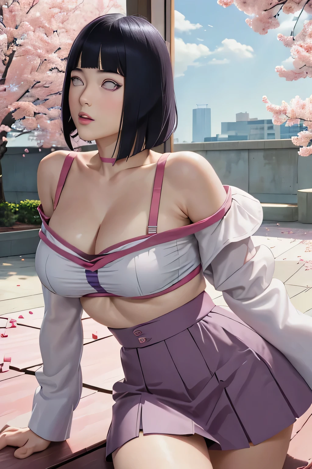 masterpiece, absurdres, hinata\(boruto\), 1girl, solo,mature female, off-shoulder strap bra, high waist short skirt, looking at viewer, (falling petals), perfect composition, detailed lips, big breast, beautiful face, body propotion, blush, (pink lips), long hair,  purple eyes,  soft gaze,  super realistic, detailed, photoshoot, realistic face and body,