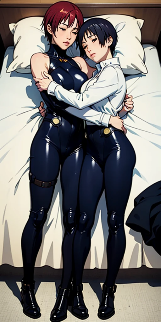 Full body Rei Kishimoto from "Gantz" sleeping on bed, hugging her female twin sister