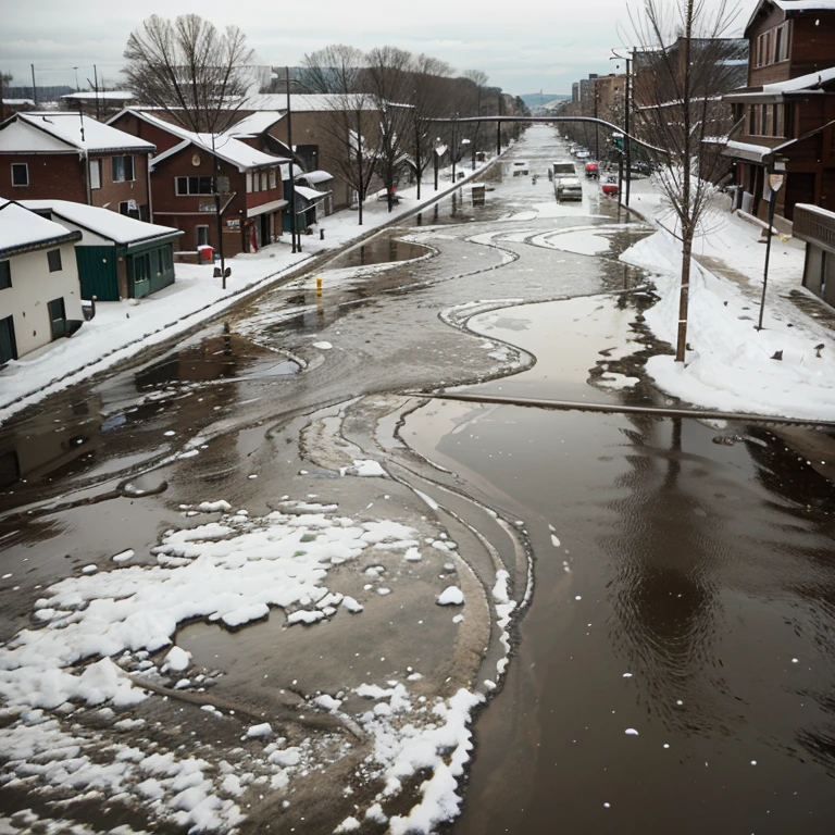 A city with snowmelt causing a flood 