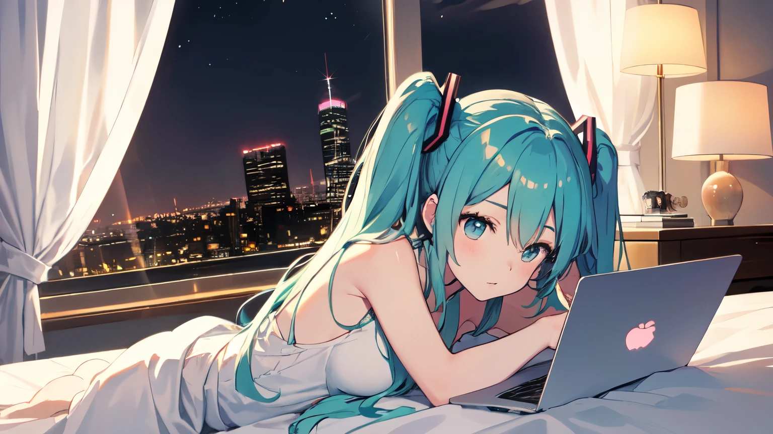Lying on the bed、Studying on a laptop、Naked Hatsune Miku、Beautiful night view outside the window