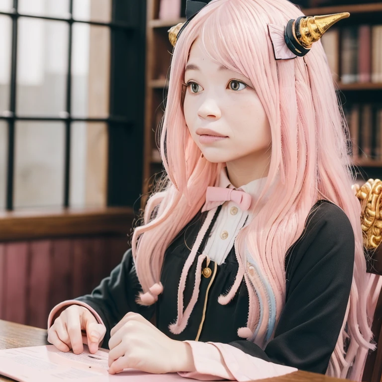 highest quality, High resolution, Photorealistic, 1 girl, alone,(Anya Forger:1.5),Happy,(Long Hair), (Light pink hair:1.8), (Hair accessories like horns), Long Bangs, Lips parted,((Black dress with gold sleeves)), (Long sleeve uniform),White shirt,(Red bow tie), elegant hair, Floating Hair, beautiful sunlight, Detailed aspect, Background libraries, Library Window, Detailed Background, Detailed Sky, sunlight, whole body, Atmospheric perspective,