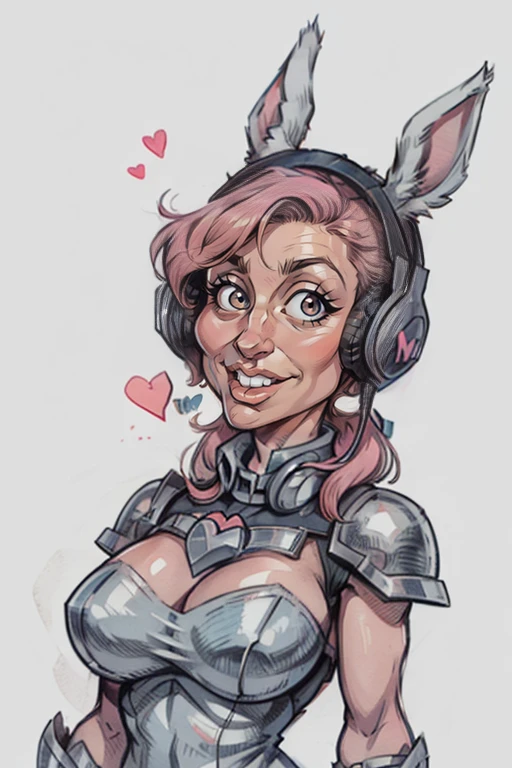 A cute woman 30year old with pink hair and blue eyes, dressed in white and grey armor with a big heart on her chest. She's wearing bunny ears and headphones, and has a smile on her face., looking at viewer, upper body, :d, arched back, dynamic pose, dutch angle
