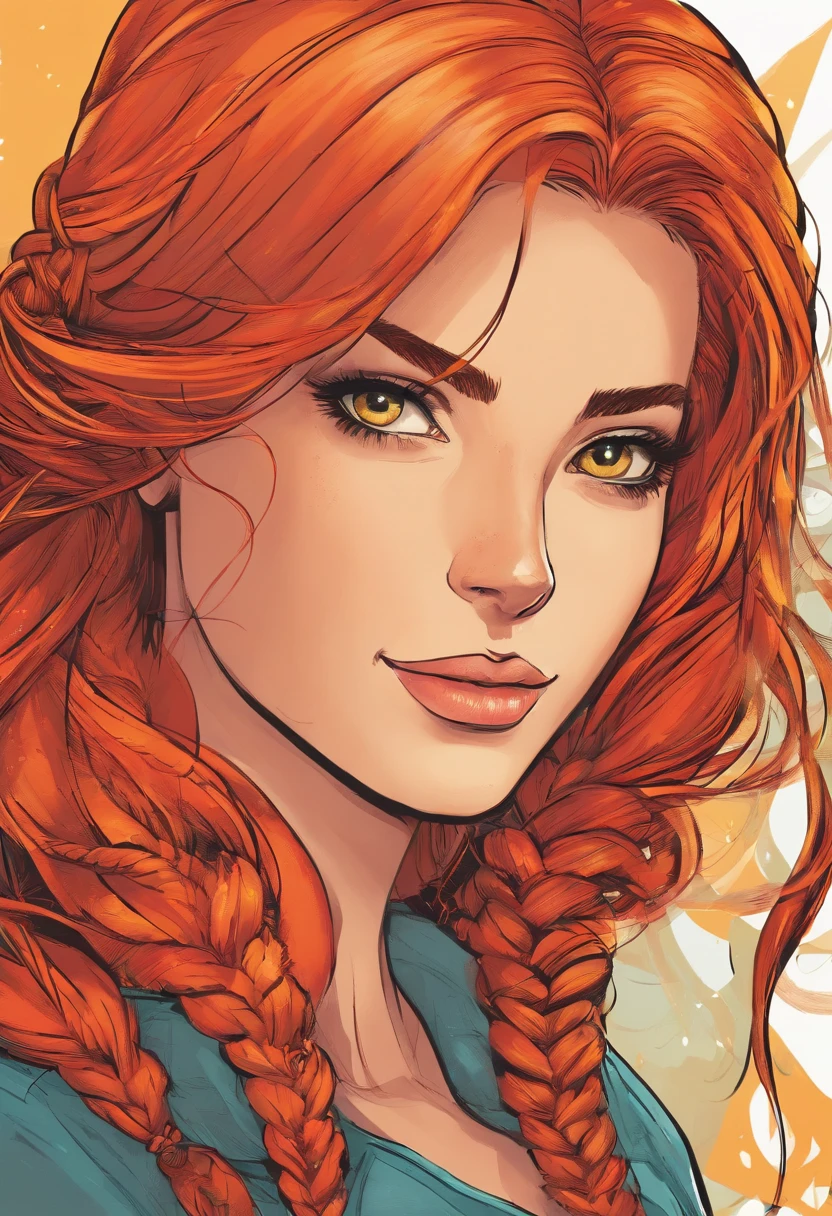 Um mulher com cerca de 17 anos, rosto redondo, olhos azuis, long red-orange hair tied in a braid, sorriso angelical e inocente, big, friendly eyes