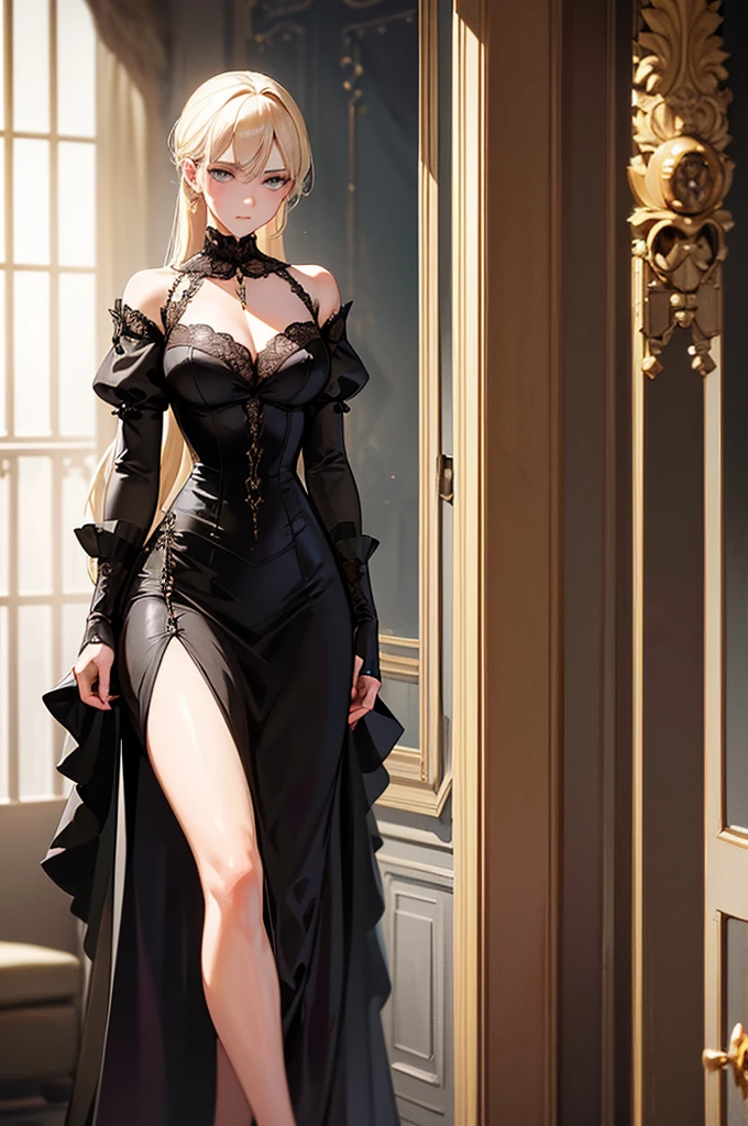 A young slender beautiful blonde aristocrat girl in an expensive luxurious mourning black closed dress stands in a luxurious living room and looks at the camera with a sad expression on her face, high resolution, masterpiece
