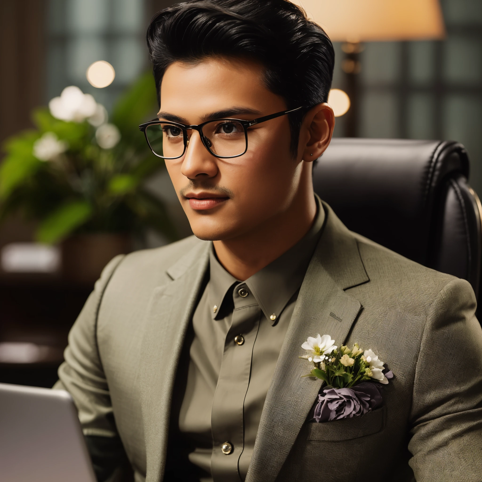 professional masterpiece, 1 man malay, confident, handsome, charming, with short taper fade black hair, natural make up, slight smile, wearing trendy eyeglasses, olive lime luxury suit with flowers on pocket, sitting alone on business chair, posing with laptop for work, fantastic color, set in a business room on office table, with plants in pots around the room, soft lighting, deph of fields effect, ultra realistic, high definition with special effects, resambling photo sony 7000D, ultra realistic