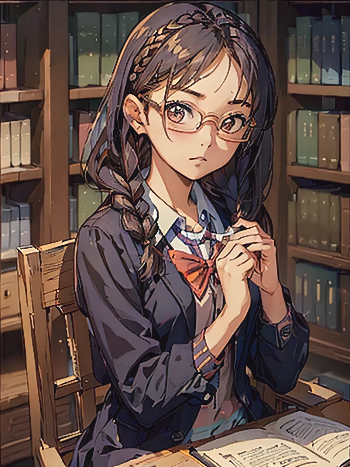 (((masterpiece))) (((background : school theme : Library : books ))) ((( character : teenager : Tzuyu : nerd : fit body : braided hair : glasses :  : sitting : serious studying )))