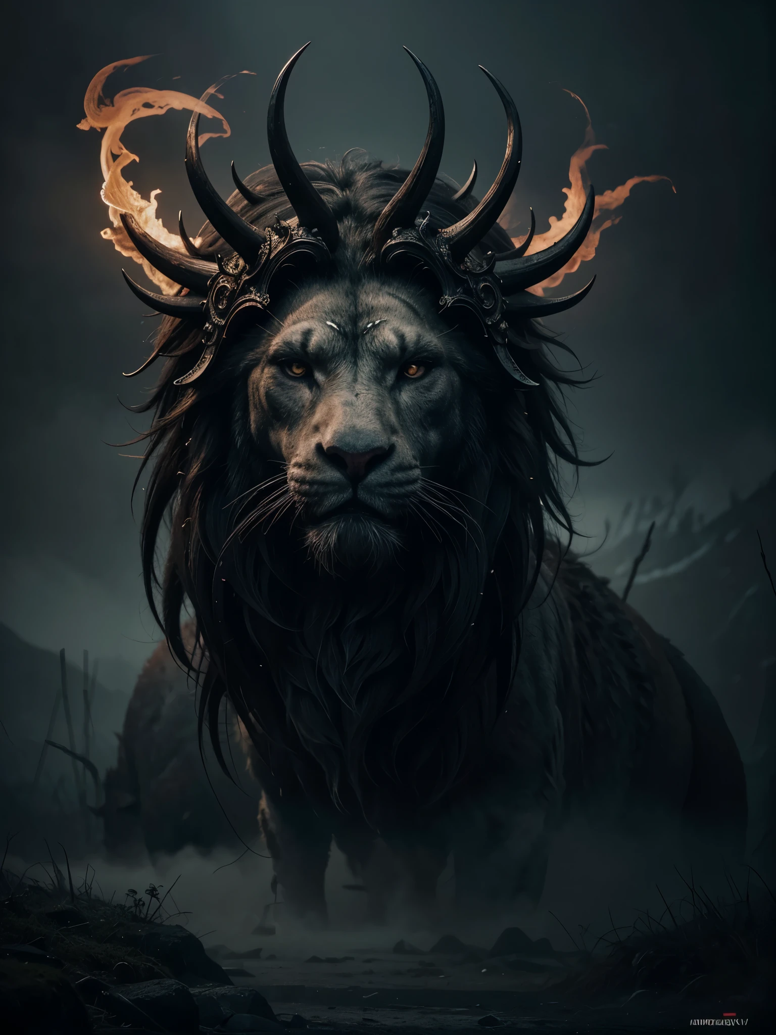 A highly detailed and hyper-realistic depiction of a lugubrious beastly goddess with an intricately scarred face. The character is surrounded by mist, evoking a mysterious and eerie atmosphere. The lighting is dark and atmospheric, with a red smoke adding a touch of sinister ambiance. The image is of the best quality, with a resolution of 4k and HDR enhancement, showcasing the utmost level of detail and realism, sfw