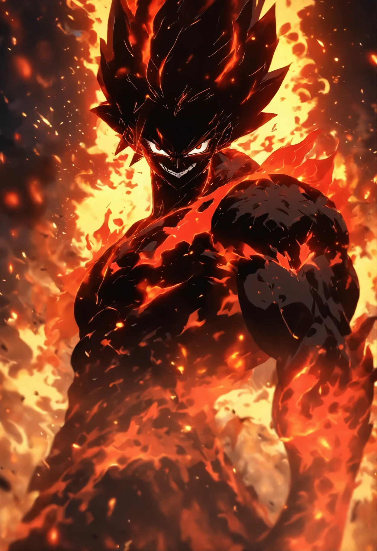 ((masterpiece, best quality, Highest image quality, high resolution, Reality, original photo, 8k)), ((Extremely detailed CG unified 8k wallpaper)), Demon statue made of black rock, Lava Demon, Spark Dance, Flames burst out from the torn body, Flame in the dark image, Red and black theme, Angry face,
