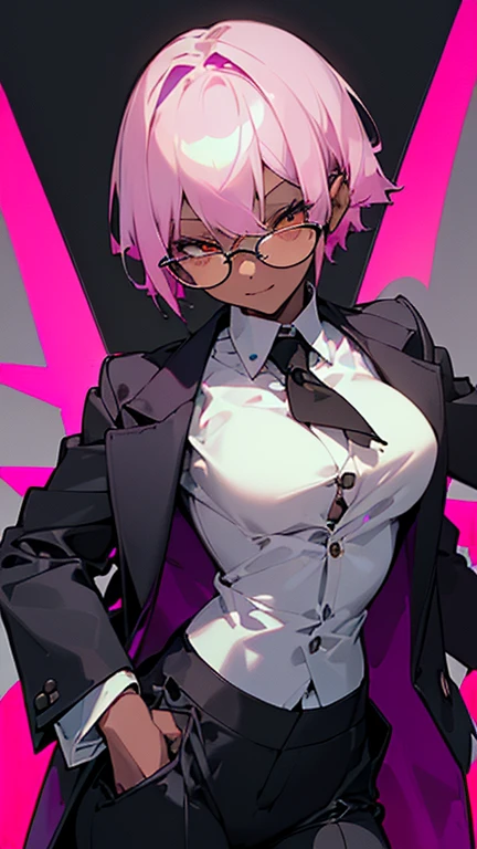 (highest quality、masterpiece:1.2) 1 Female、adult、((Dark skinned women、white hair, pink hair, unbalance short hair、Hair over the ears)) Golden Eyes、Glasses、((Black business suit、Black tailored jacket、White shirt、Black pantsuit)), (Malicious smile), sharp eye, open jacket, nsfw,