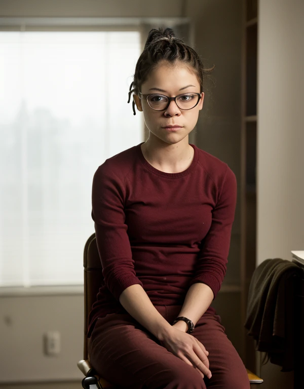 a photo of tatms ,a woman,in a room,cosima hair,glasses,david fincher lighting style, wearing red shirt,pants, tatiana maslany, 35 year old woman, sitting on chair 