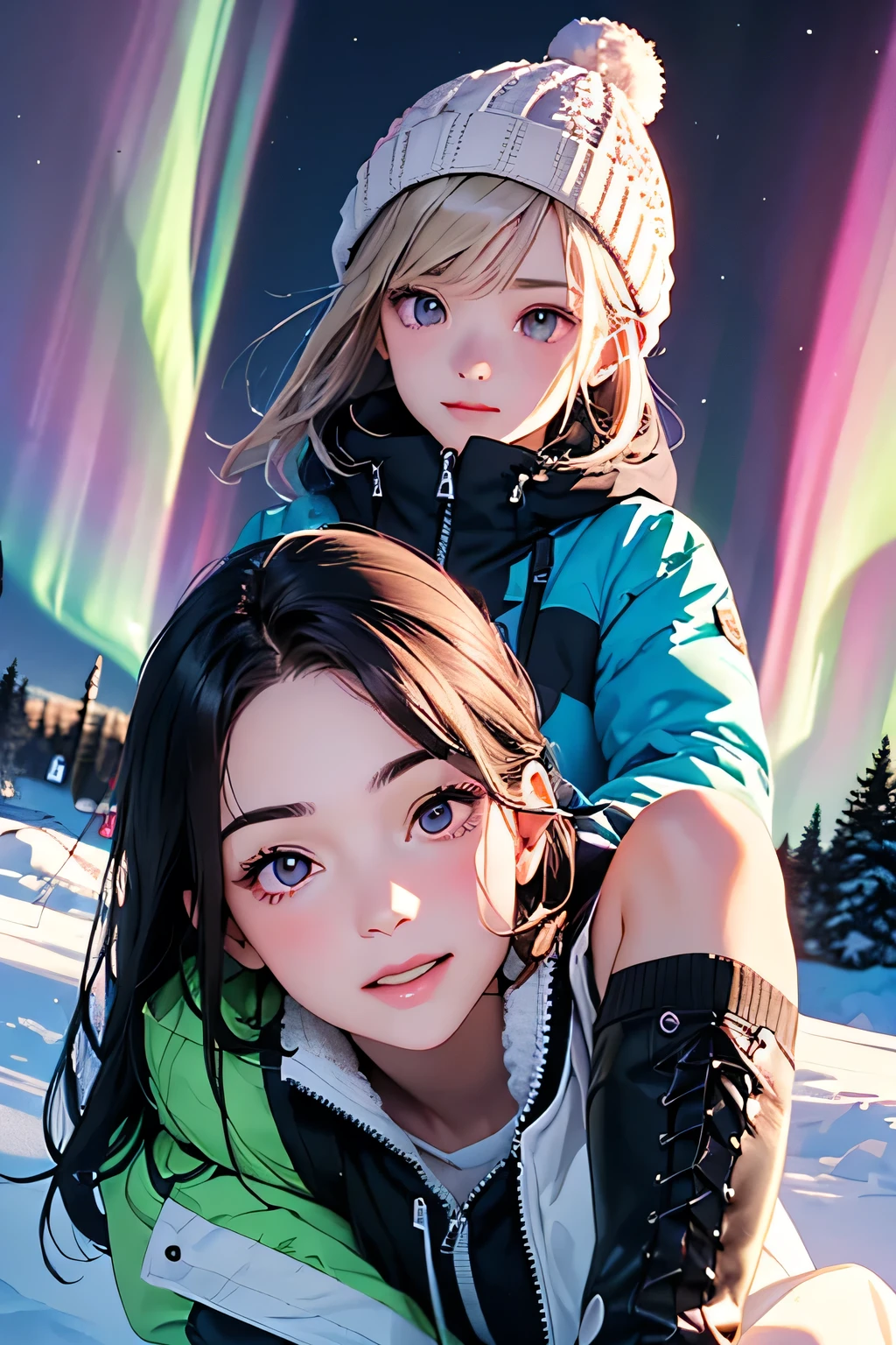 highest quality、High resolution、Detailed Background、(Beautiful face in every detail:1.4)、Anatomically correct、(Draw the usual number of fingers:1.2)、(Detailed facial expressions)、(Detailed eyes:1.2)、(Detailed eyes:1.2)、Beautiful, smooth skin、age beauty、(Highly detailed face:1.4)、Cute color hair color、ponytail、Bobcut、Braided long hair、Wavy Hairstyle、well-groomed eyebrows、Do cute things、Captivating beauty、Mysterious sight、Iceland、Observe the Aurora、A look of expectation and excitement、Fit on one screen、
(Two beautiful girls looking happy with the beautiful aurora in the background:1.5)、
A faint light spreads from the distant horizon, revealing a green glow.、
The aurora spreads out like a dance and begins to light up the sky、
Colorful lights、A beautiful symphony plays along with the twinkling stars、
The glow of the aurora changes with time, sometimes mixing in shades of pink and purple.、
It spreads to cover the entire sky、
Shaggy knit sweaters are both warm and cute.、
Colourful patterns and knitted designs、
Warmth and protection from the cold are important in cold weather、Down jackets are lightweight yet provide excellent heat retention, making them the perfect outerwear.、Choose pastel and bright colors、
Choose winter-resistant boots to keep your feet warm、
Wear a cute knitted hat and gloves to protect your head and hands from the cold.