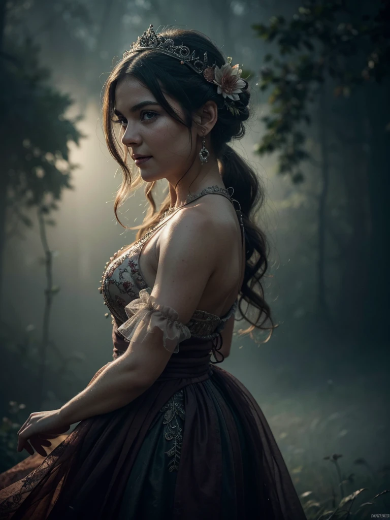 A highly detailed and hyper-realistic depiction of a joyful fairy princess with an intricately wrinkled face. The character is surrounded by mist, evoking a mysterious and eerie atmosphere. The lighting is dark and atmospheric, with a red smoke adding a touch of sinister ambiance. The image is of the best quality, with a resolution of 4k and HDR enhancement, showcasing the utmost level of detail and realism, sfw