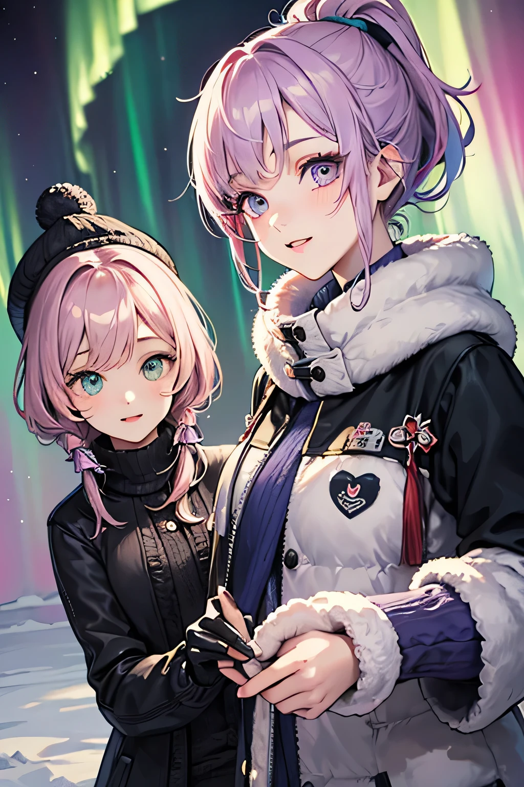 highest quality、High resolution、Detailed Background、(Beautiful face in every detail:1.4)、Anatomically correct、(Draw the usual number of fingers:1.2)、(Detailed facial expressions)、(Detailed eyes:1.2)、(Detailed eyes:1.2)、Beautiful, smooth skin、age beauty、(Highly detailed face:1.4)、Cute color hair color、ponytail、Bobcut、Braided long hair、Wavy Hairstyle、well-groomed eyebrows、Do cute things、Captivating beauty、Mysterious sight、Iceland、Observe the Aurora、A look of expectation and excitement、Fit on one screen、
(Two beautiful girls looking happy with the beautiful aurora in the background:1.5)、
A faint light spreads from the distant horizon, revealing a green glow.、
The aurora spreads out like a dance and begins to light up the sky、
Colorful lights、A beautiful symphony plays along with the twinkling stars、
The glow of the aurora changes with time, sometimes mixing in shades of pink and purple.、
It spreads to cover the entire sky、
Shaggy knit sweaters are both warm and cute.、
Colourful patterns and knitted designs、
Warmth and protection from the cold are important in cold weather、Down jackets are lightweight yet provide excellent heat retention, making them the perfect outerwear.、Choose pastel and bright colors、
Choose winter-resistant boots to keep your feet warm、
Wear a cute knitted hat and gloves to protect your head and hands from the cold.