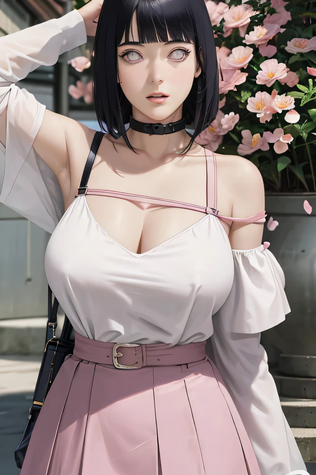 masterpiece, absurdres, hinata\(boruto\), 1girl, solo,mature female, off-shoulder strap bra, high waist short skirt, looking at viewer, (falling petals), perfect composition, detailed lips, big breast, beautiful face, body propotion, blush, (pink lips), long hair, purple eyes, soft gaze, super realistic, detailed, photoshoot, realistic face and body,
