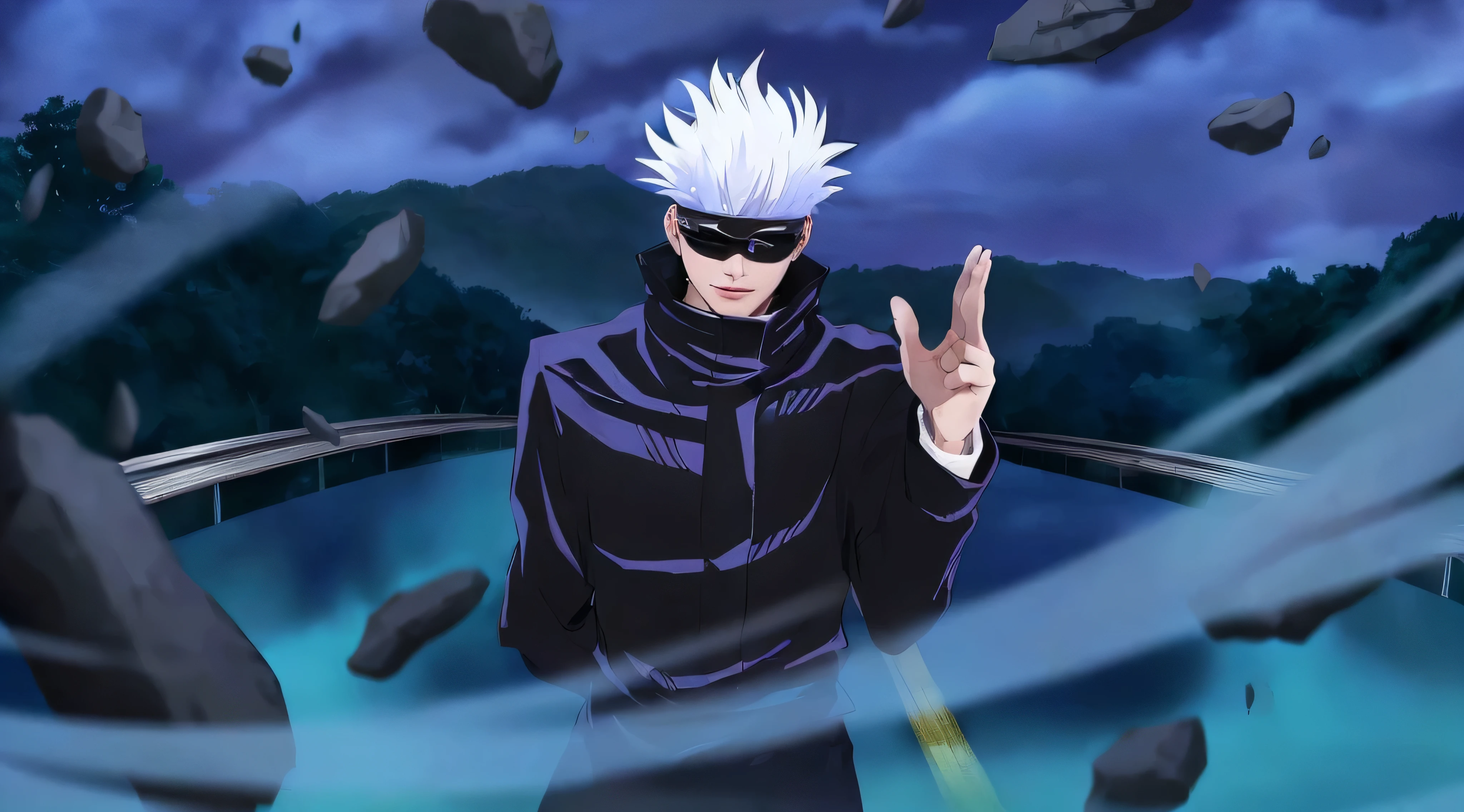 anime character with white hair and sunglasses standing in front of a pond, jujutsu kaisen, joker looks like naruto, joker as naruto, white fox anime, ichigo kurosaki, killua zoldyck black hair, kakashi hatake, killua zoldyck, a silver haired mad, he has dark grey hairs, white haired (8k, RAW photo, photorealistic:1.25) ,( lipgloss, eyelashes, gloss-face, glossy skin, best quality, ultra highres, depth of field, chromatic aberration, caustics, Broad lighting, natural shading,) looking at viewer with a serene and goddess-like happiness