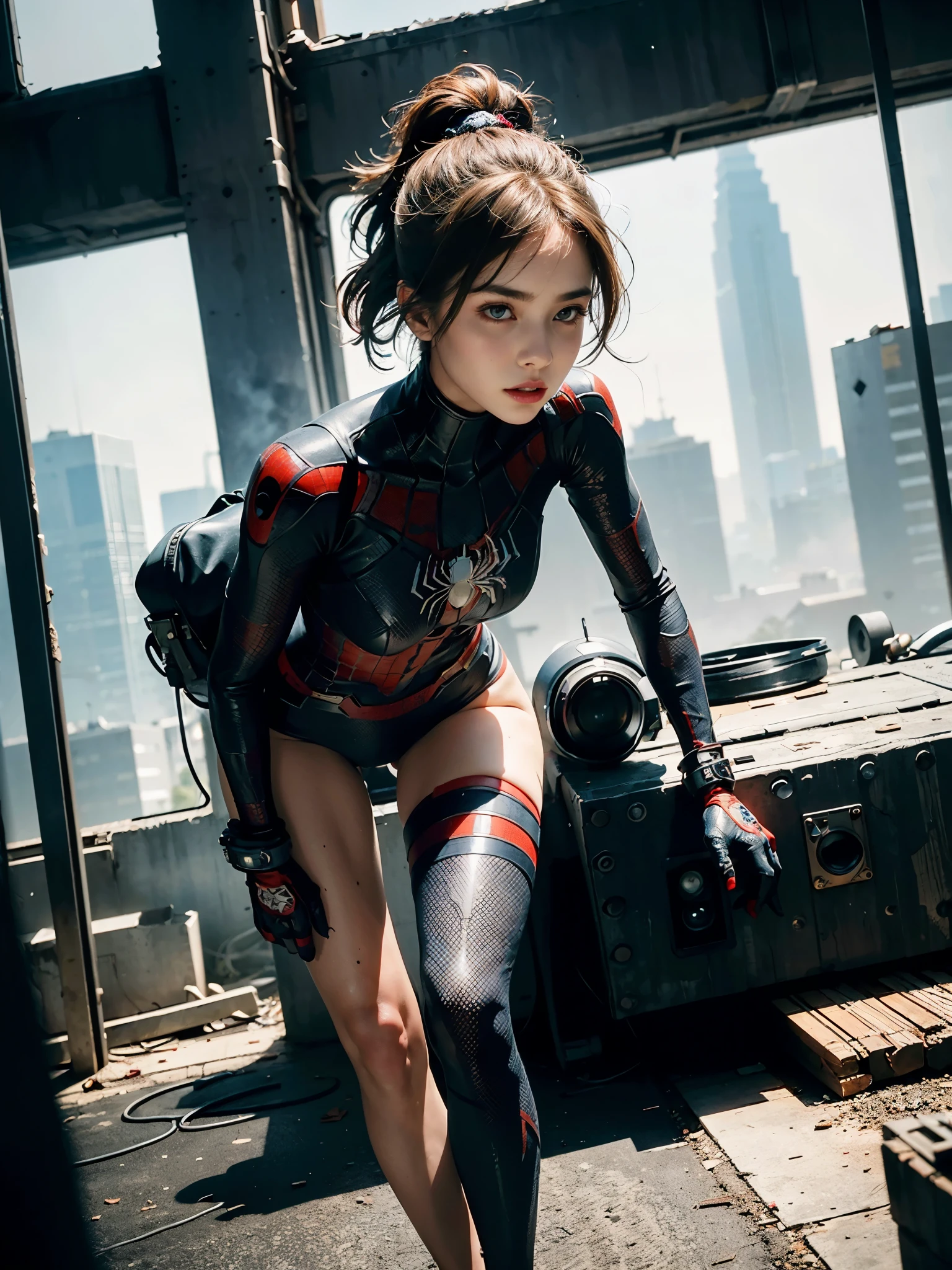 (1girl:1.3), solo, __body-parts__, official art, unified 8k wallpaper, super detailed, beautiful and aesthetic, beautiful, masterpiece, best quality, raw, masterpiece, super fine photo, best quality, super high resolution, photorealistic realism, sunlight, full body portrait, amazing beauty,, dynamic pose, delicate face, vibrant eyes, (from the front), she is wearing a Spider-man suit, red and black color scheme, spider, very detailed abandoned warehouse background, Detailed face, detailed complex busy background, messy, gorgeous, milky white, highly detailed skin, realistic skin details, visible pores, sharp focus, volumetric fog, 8k uhd, DSLR, high quality, film grain, fair skin, photo realism, lomography, huge metropolis in future dystopia, seen from below, translucent