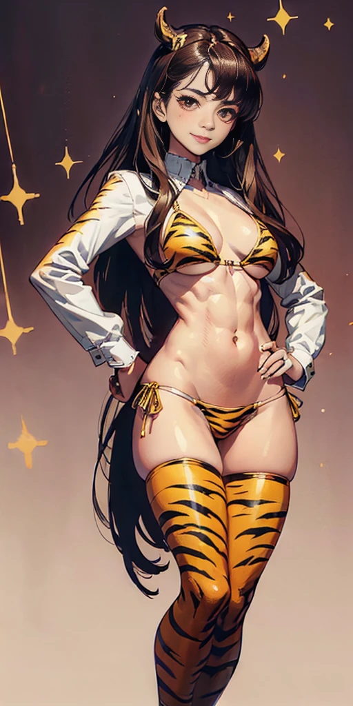 Full body of female (((Plain background 1:2))) (masterpiece, high quality: 1.1) 1girl solo full body height standing straight symmetrical looking to the viewer, view from below, far shot, cow boy shot, perfect lighting, muscular, thighs, mature woman, mummy, bellybutton, abs, looks at the viewer smile RED CHEEKS, extremely huge breasts, maternal, porcelain skin, extra very long hair, sparkly skin, good face, chest cover, HANDS ON HIPS (yellow tiger bikini print long sleeves and long stockings)