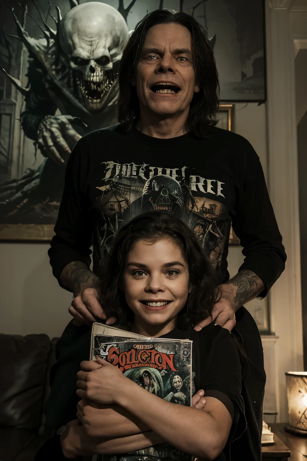 A spine-chilling scene from Stephen King's Creepshow comic, displayed in an open magazine. A large, grotesque creature with a hideous grin and bulging eyes is looming over a terrified family in their living room. The walls are adorned with sinister paintings, and the atmosphere is thick with a foreboding sense of horror. The creature holds a bundle of comic pages that seem to be coming to life, suggesting that the terror isn't just limited to the pages of the magazine.