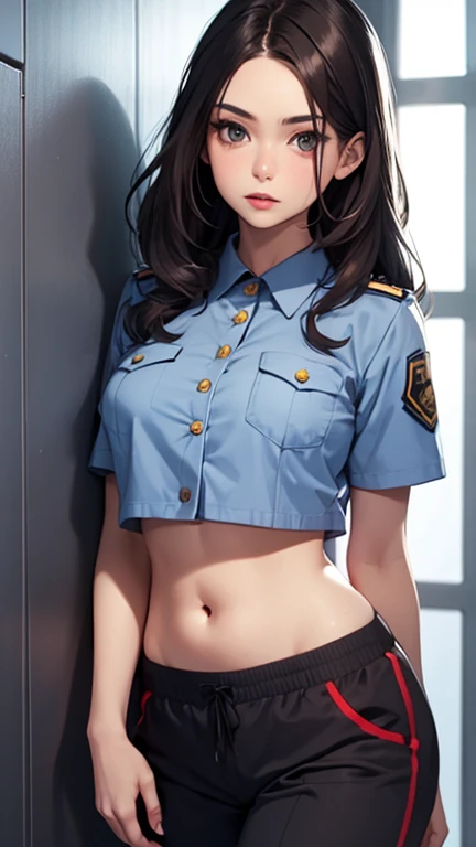  1 person, Naked Police, Adult, resident evil style, sexy police officer in uniform,belt,watch,slim, evening, Soft Light, Facial details, Drunk, Long black hair, Beautiful Skin, fringe, Pale pink lips, with a gun in hand, blush, Big black eyes, Looking at the audience,((Cowboy Shot))