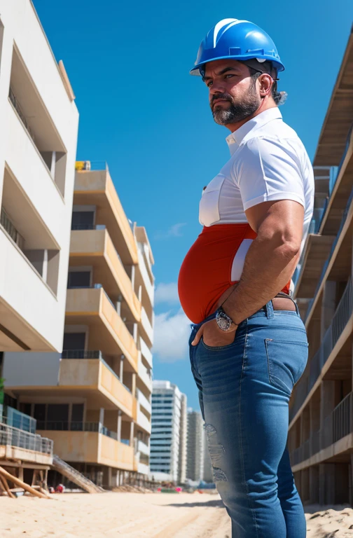 He is running on the beach, plump, chubby, extremely thick thighs, large belly, wearing only green swim trunks. He doesn't wear a shirt.muito barbudo. 56 anos.apana 1 umbigo. Barriga detalhada. Segurando vara de pesca. Ele veste colete de pescador. wearing cap. Homem barbudo gordo e sexy de 50 anos,cheio de suor,corpo todo,barriga grande, barba branca, fios brancos,((Wearing a white shirt and blue jeans engineer helmet)),rosto atordoado,Abra as pernas,in the background a building under construction and machines for building construction, vista de baixo, luta livre, uniforme de engenheiro, construtor. Api. detalhado, gesticulando para o expectador fotografia de Corpo completo imagem de corpo inteiro.