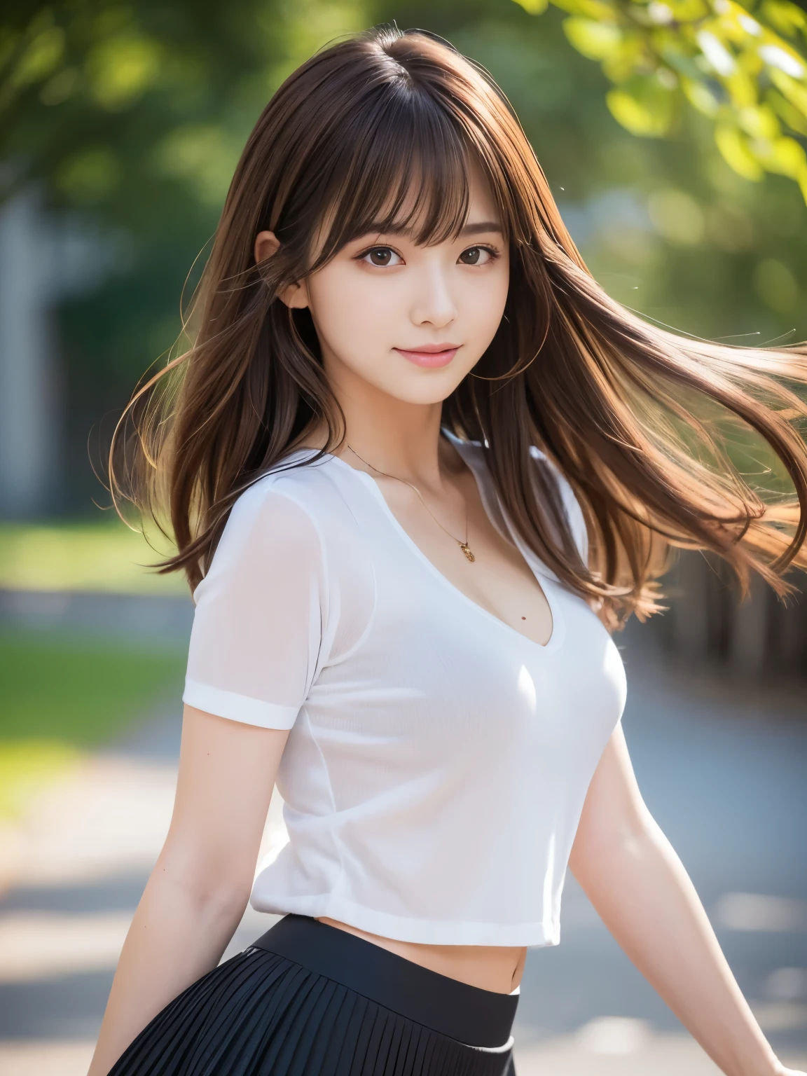 masterpiece, best quality, ultra-detailed, intricately detailed hyperdetailed, realistic, sharp features, highly detailed, sharp focus, perfect face, perfect face, perfect symmetrically perfect eyes, perfect full lips, flexible female form, cinematic, film light, hyper detailed, hyper realistic, high resolution, smile, happy, light brown hair, asymmetrical hair, asymmetrical bangs, messy hair, attractive pose, skinny gravure idol, gravure idol, pleated skirt, close up, (wearing clothes:1.3), (bright background:1.2), natural lighting, black leggings, lifting skirt, dynamic pose,