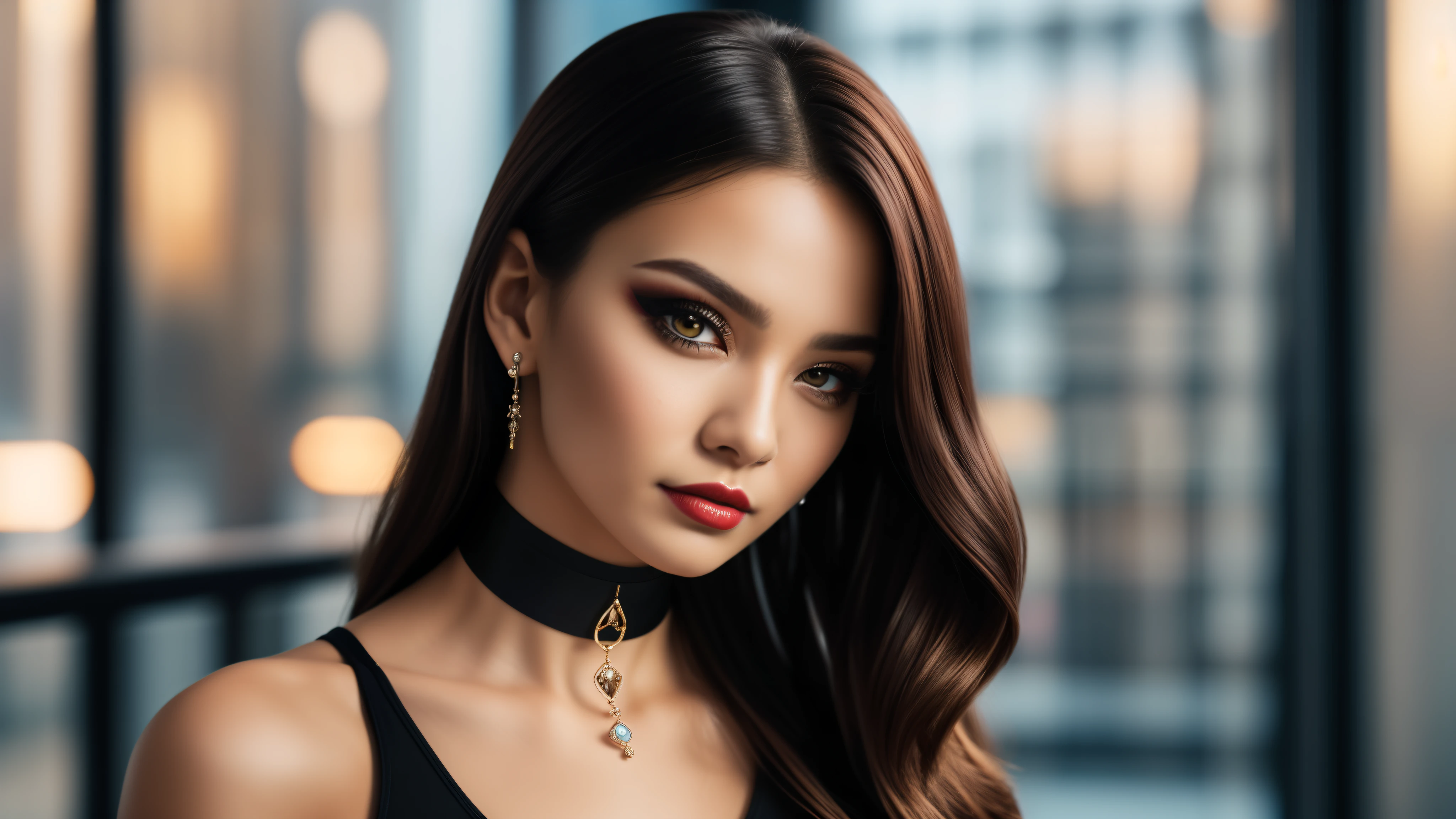 tmasterpiece,best qualtiy,hdr, hyper HD, 8K,Bokeh,Ultra-fine painting,Sharp focus,Physically-based rendering,Extreme detail description,portraitures,half-body photo, choker, (black eyeshadow:1.1), (red lips:0.95), looking at viewer, (EOS R8, 50 millimeters, F1.2, 8K, RAW photo:1.2)