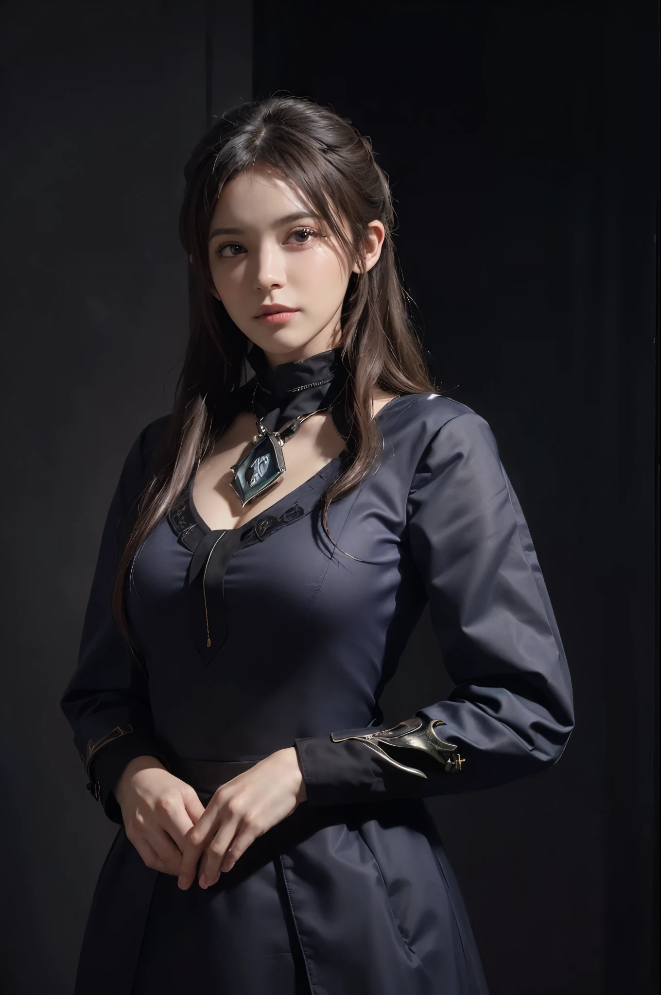 (front focus), (in the dark:1.6), Hyperrealist portrait of female by david hockney and alphonse mucha, fantasy art, photo realistic, dynamic lighting, artstation, poster, volumetric lighting, very detailed faces, 4 k, award winning, 1girl, in the dark, deep shadow, low key, cowboy shot, (official clothing:1.4), long hair, white hair