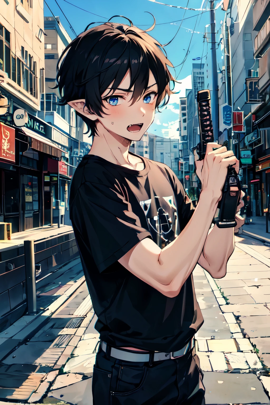 1boy,city, cat logo anime style t-shirt{,short hair, black hair,blue eyes,pale skin, pointy ears, fangs}, his hand was holding a (katana) 
