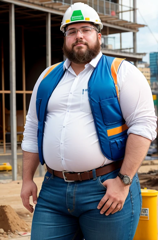 Chubby bearded man extremely thick thighs large belly, gordo e sexy de 50 anos,cheio de suor,corpo todo,barriga grande, barba branca, fios brancos,((Wearing a white shirt and jeans engineer helmet wearing safety vest, Safety equipment )),rosto atordoado,Abra as pernas,in the background a building under construction and machines for building construction, vista de baixo, luta livre, uniforme de engenheiro, construtor. Api. detalhado, gesticulando para o expectador fotografia de Corpo completo imagem de corpo inteiro.