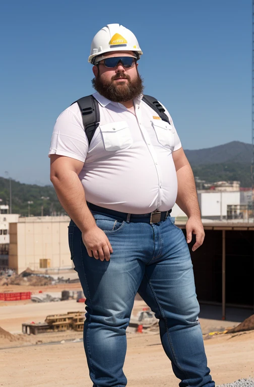 Chubby bearded man extremely thick thighs large belly, gordo e sexy de 50 anos,cheio de suor,corpo todo,barriga grande, barba branca, fios brancos,((Wearing a white shirt and jeans engineer helmet wearing safety vest, Safety equipment )),rosto atordoado,Abra as pernas,in the background a building under construction and machines for building construction, vista de baixo, luta livre, uniforme de engenheiro, construtor. Api. detalhado, gesticulando para o expectador fotografia de Corpo completo imagem de corpo inteiro.