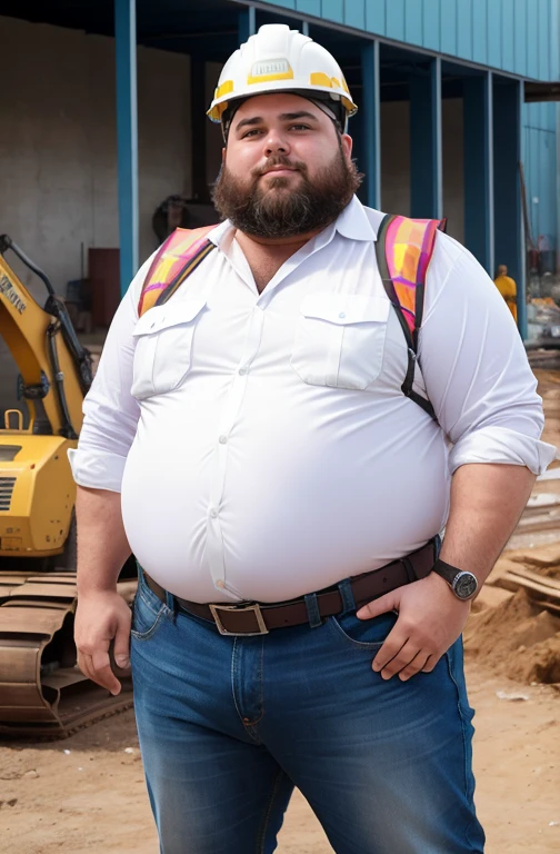 Chubby bearded man extremely thick thighs large belly, gordo e sexy de 50 anos,cheio de suor,corpo todo,barriga grande, barba branca, fios brancos,((Wearing a white shirt and jeans engineer helmet wearing safety vest, Safety equipment )),rosto atordoado,Abra as pernas,in the background a building under construction and machines for building construction, vista de baixo, luta livre, uniforme de engenheiro, construtor. Api. detalhado, gesticulando para o expectador fotografia de Corpo completo imagem de corpo inteiro.